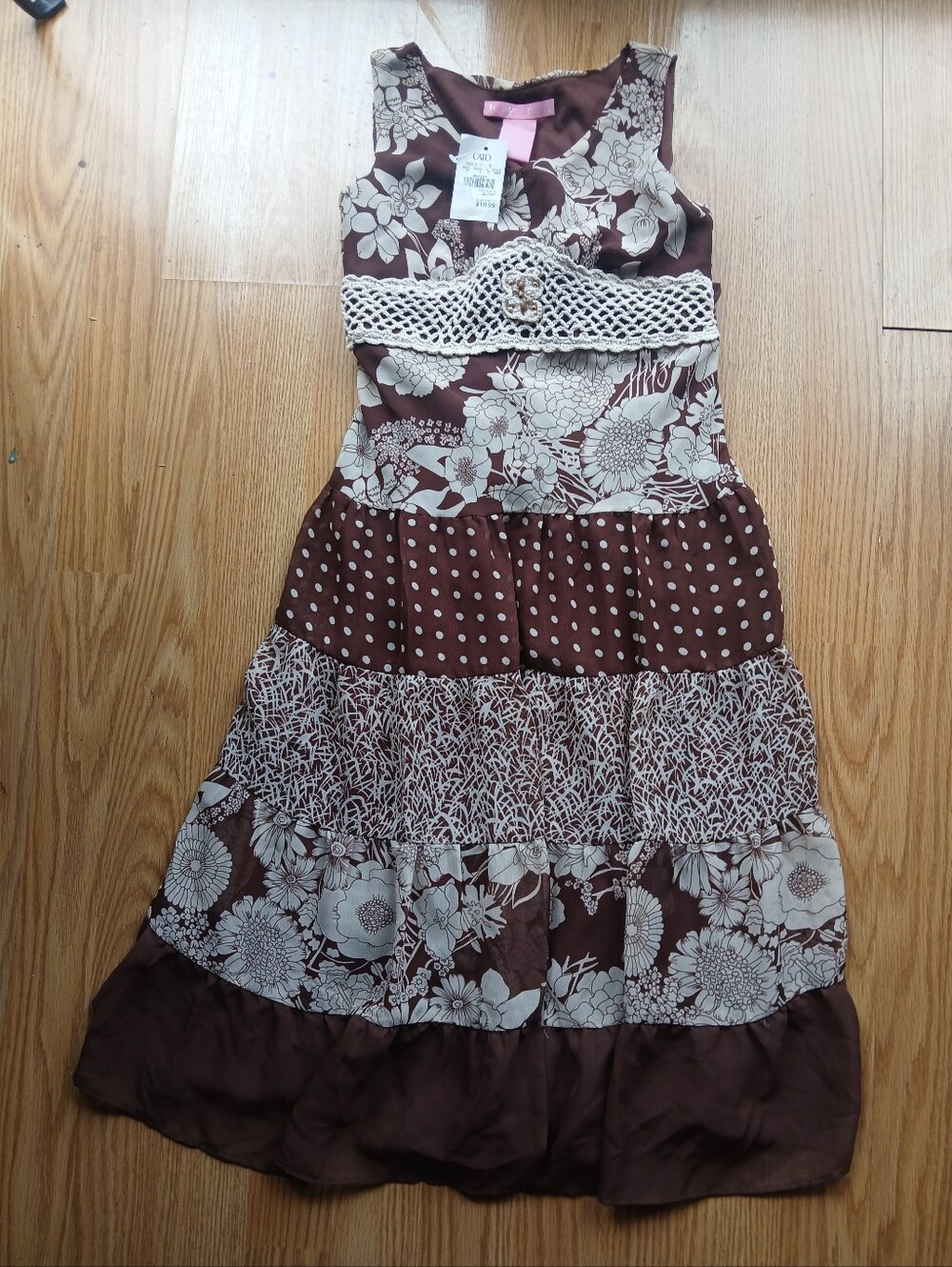 Cato H Y P Girls Brown Floral Tiered Dress with Crochet Waistband - Sz 8  NWT